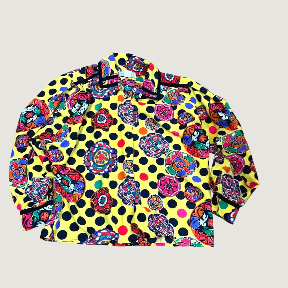 Howard Wolf Dallas Vintage Yellow Polka Dot Medallion Blouse Made in USA Size 10